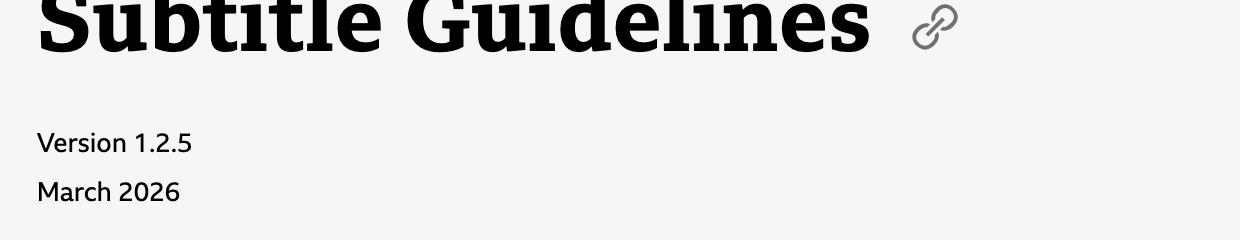 The BBC Subtitle Guidelines heading, showing it published as version 1.2.5 dated March 2026