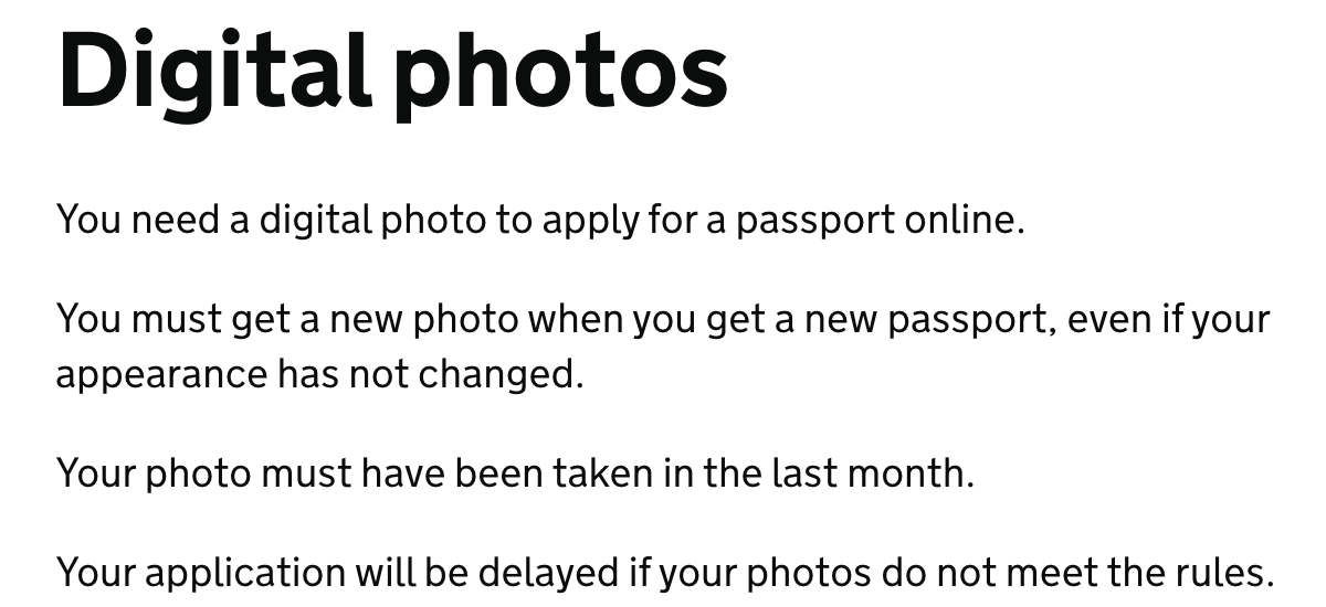 The GOV.UK page titled Get a passport photo, showing the Digital photos section which states that a photo must have been taken in the last month and that an application will be delayed if photos do not meet the rules